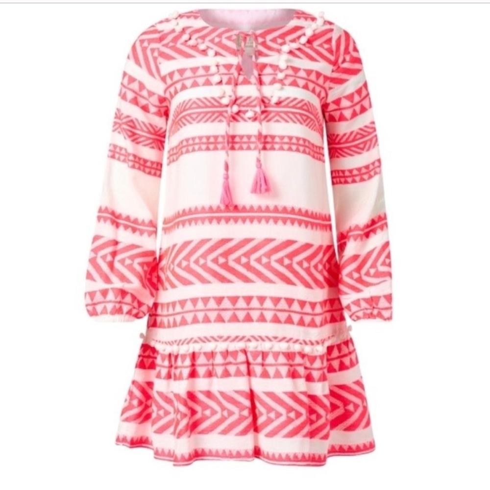SAIL TO SABLE STRIPE LONG SLEEVE RUFFLE HEM DRESS - WHITE/PINK - Picture 7 of 12